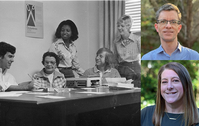 A picture collage with a black and white photo of Ada B. Thomas advising students and headshots of current winners Jeff Turner and Kate Blanton
