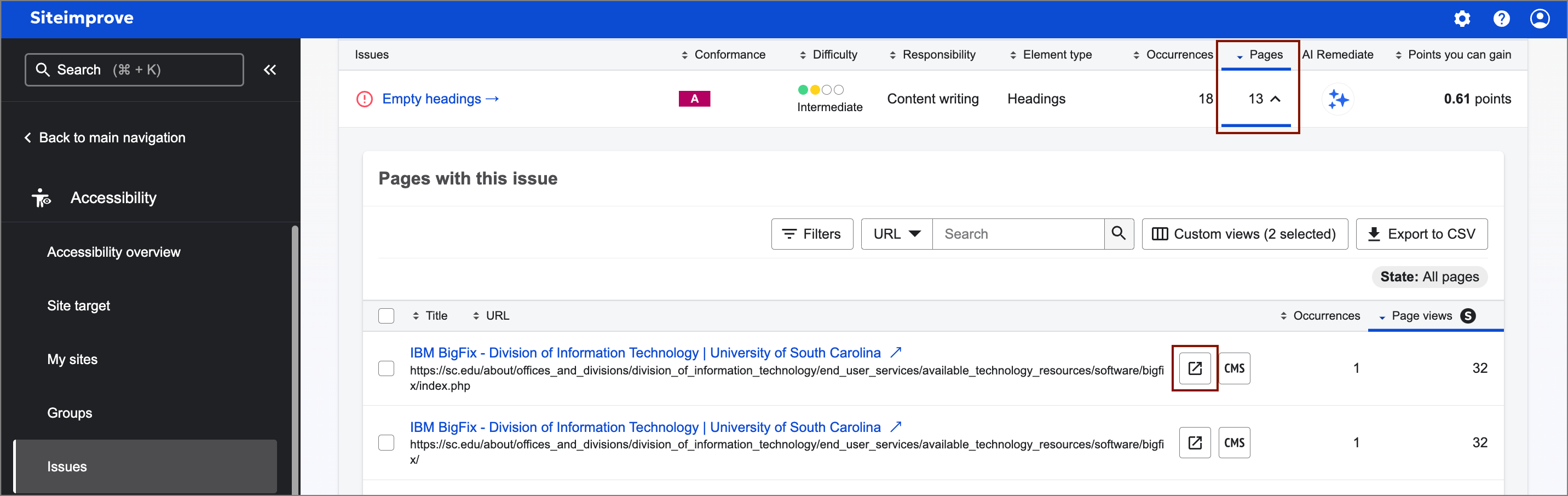 Screenshot of Accessibility Issues page in Siteimprove. 13 Pages with Empty headings are displayed.