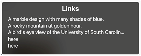 A screenshot of the VoiceOver Links menu. Two ambiguous "here" links are listed consecutively.