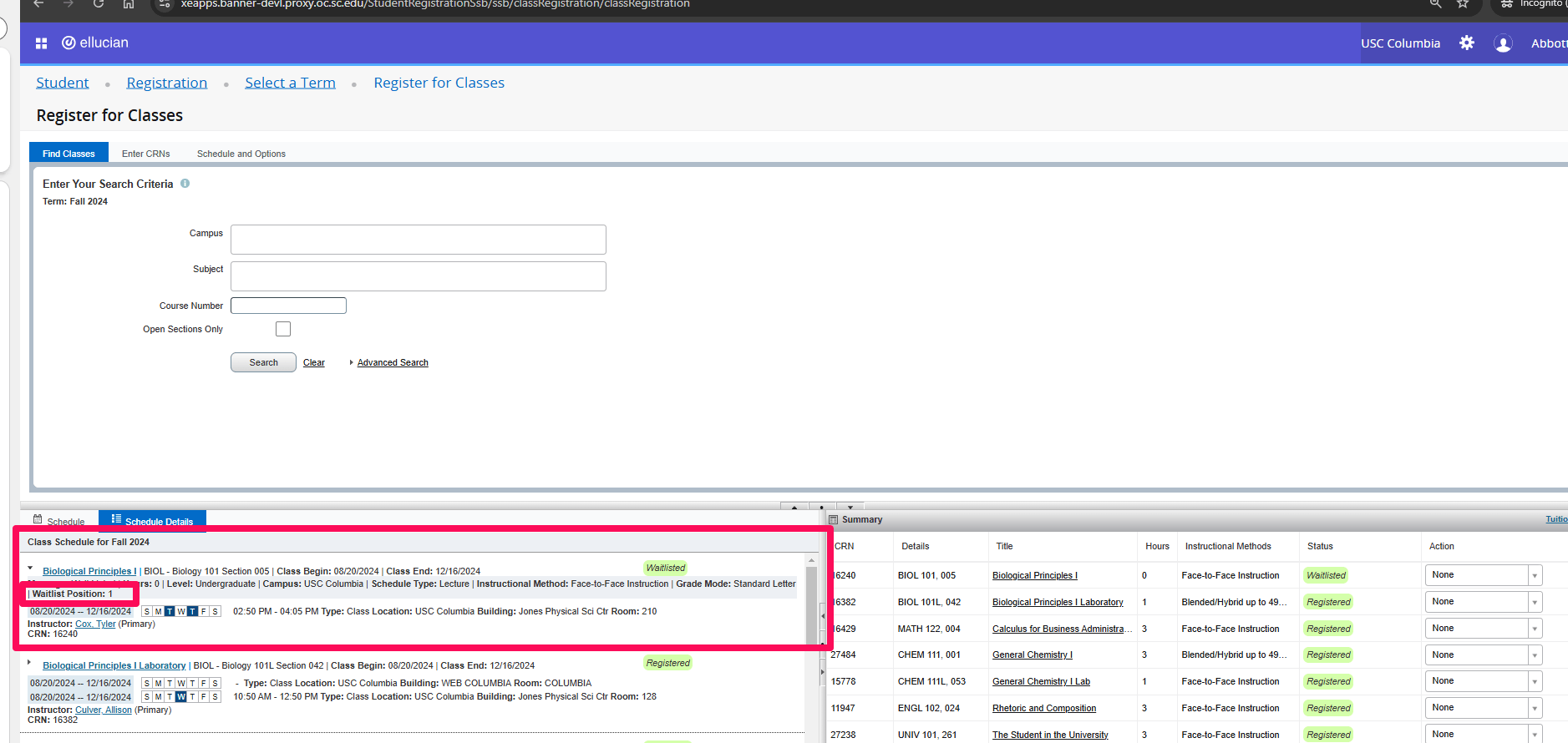 Schedule Details section of Register for Classes Screen Showing Waitlist Position