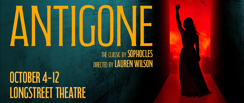 Silhouette of woman with raised fist next to logo for Antigone