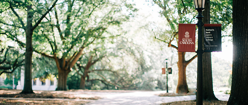 USC historic Horseshoe with lamppost signs that read "Nation's best public honors college."