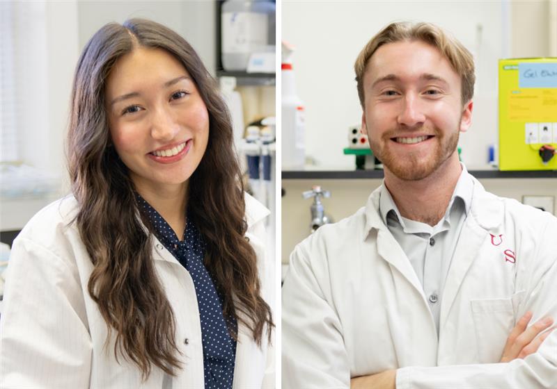 side by side headshots of two people in a medical lab wearing lab coats