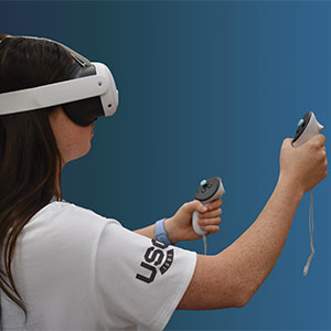 sideview of a woman wearing VR goggles